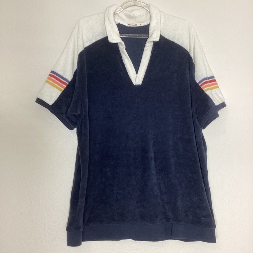 Marine Layer Terry Out Varsity Polo Top Indigo Lg - Picture 2 of 8